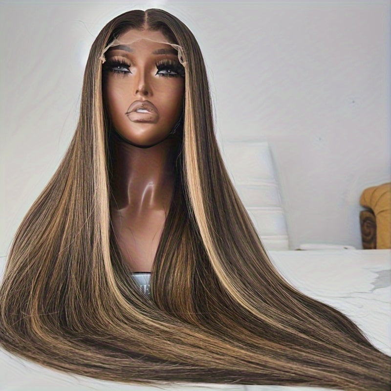 13X4 Highlight Lace Front Wigs 200% Density Balayage Long Straight Wigs Pre Plucked Glueless Brown Lace Front Wigs For Fashion Women Girls Party Vacation Daily Used Valentine'S Day 28inch